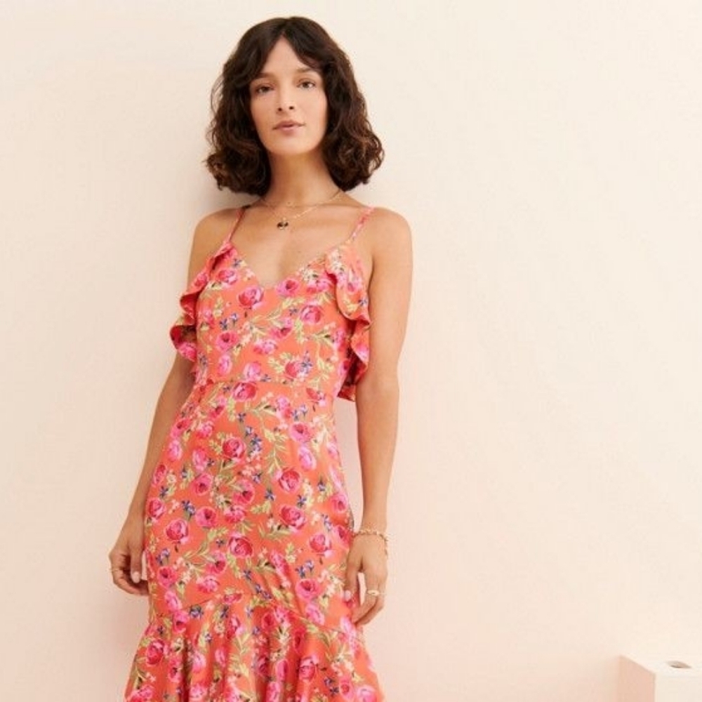 Anthropologie Keepsake Floral Midi Dress Pink Coral Ruffle Boho Romantic Size M